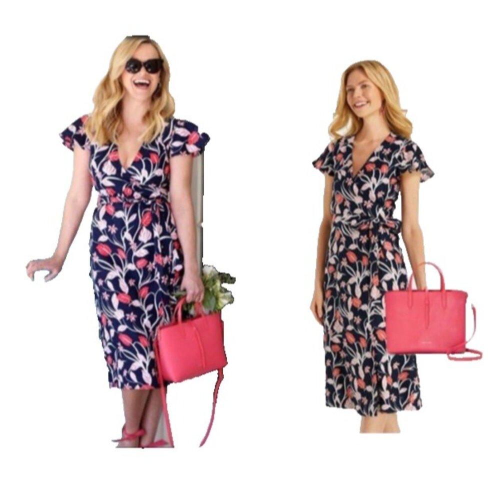 Draper James Wrap Dress 8 Linen Colorful Floral Short Sleeve Washable NEW